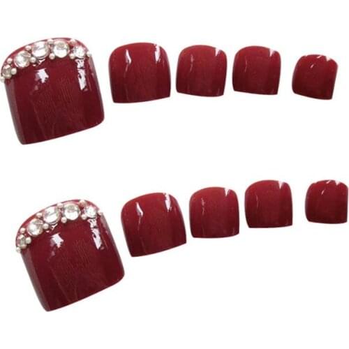 24Pcs Women DIY Foot Decor Wine Red Toenail Sticker Fake Nail Tip Art Decoration Nail Art & Tools Wine red foot decor with