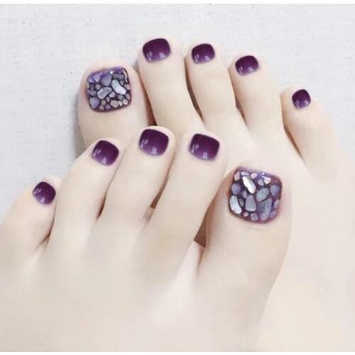 24pcs Fake Nails With Glue Purple Type Short Style Fashion Manicure False ToeNails Save Time Press On Nails With Rhinestones DL