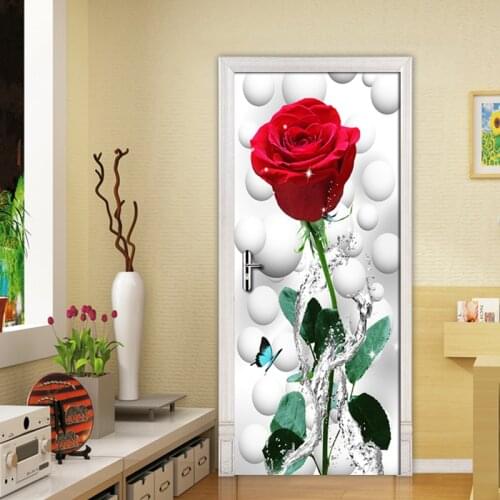 Rose Flower 3D Creative DIY Door Stickers Home Decor Modern Living Room Bedroom Door Sticker Mural PVC Self-adhesive Wall Paper
