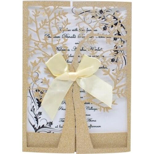 Rose gold laser cut tree wedding invitation glitter