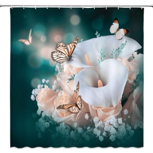 Flower Shower Curtain Spring Floral Plant Calla lily Butterfly Bathroom Decor Home Bath Bathtub Waterproof Polyester Curtain Set