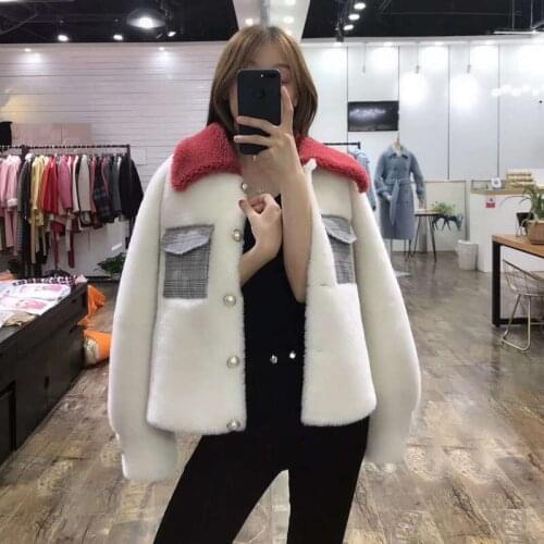 Sheep Coat Wool Female Winter Short Jacket Pearl Buttons And Cloth Bag Overcoat Turn-Down Collar Clothing Plus Size Wool Blends