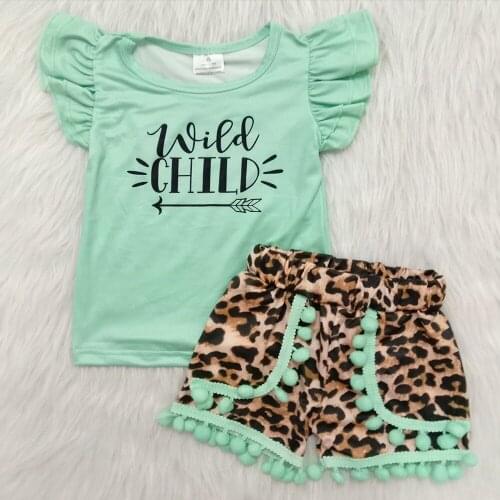 Girl fashion summer outfit flutter sleeve top match leopard shorts clothing set girl o-neck outfit