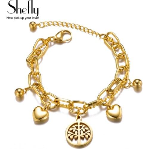 Trendy Jewelry Bracelet For Women Multilayer Gold Chain Tree of Life Beads Charm Bracelets Stainless Steel pulseras 2019 New