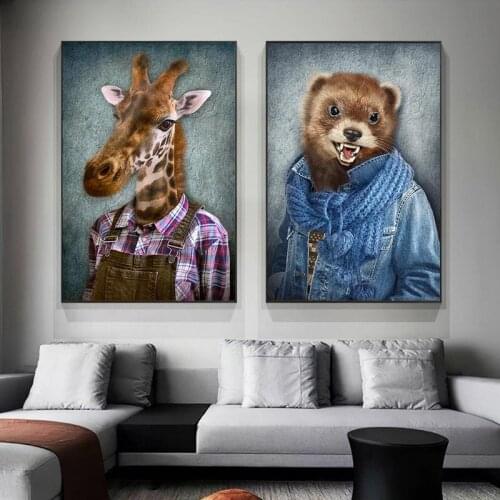 Nordic Art Giraffe Animals in Worker Clothing Canvas Art Posters And Prints Abstract Canvas Paintings On the Wall Art Pictures