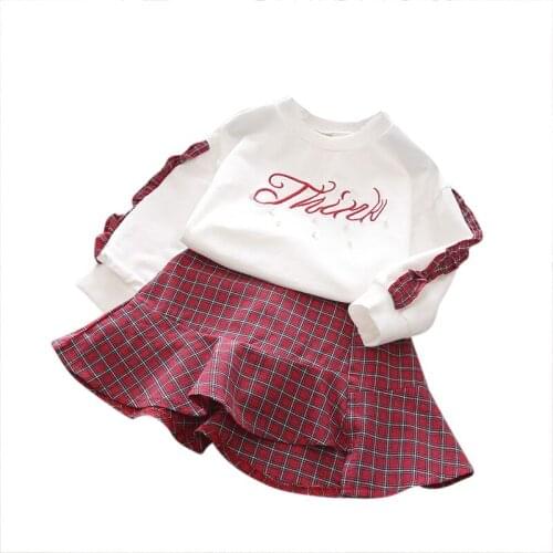 2018 New Spring Item Girl Embroidery Flower Sleeve Top+Plaid Skirt Set 2pcs Per set