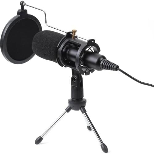 Portable USB Desktop Microphone Wired Omnidirectional Condenser Microphone Studio Mic with Stand Clip for PC Computer