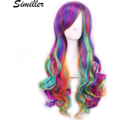 Similler Anime Cosplay Wigs for Women High Temperature Fiber Long Curly Rainbow Wig with Bangs