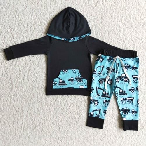 Hot Style Toddler Boy Hoodie Set Black Jacket Digging Machine Printed Blue Trousers Boy Boutique Clothing Set
