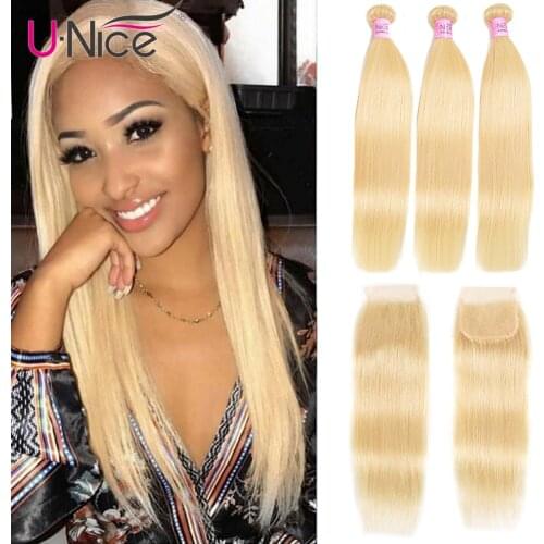 Unice Hair 613 Blonde Bundles With Closure Brazilian Remy Straight Human Hair 3 Bundles With Closure 100% Remy Human Hair