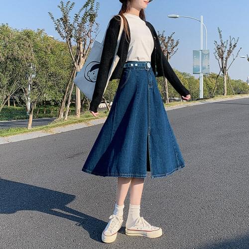 Fashion Women A-Line Mid Denim Skirt Elegant Ladies High Waist Split Long Skirts Spring Autumn Retro Dark Blue Jean Skirts