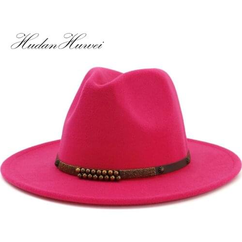 Women Men Autumn Winter Jazz Woolen Fedora Hat British Classic Wide Brim Cotton Solid Church Black Red Top Caps