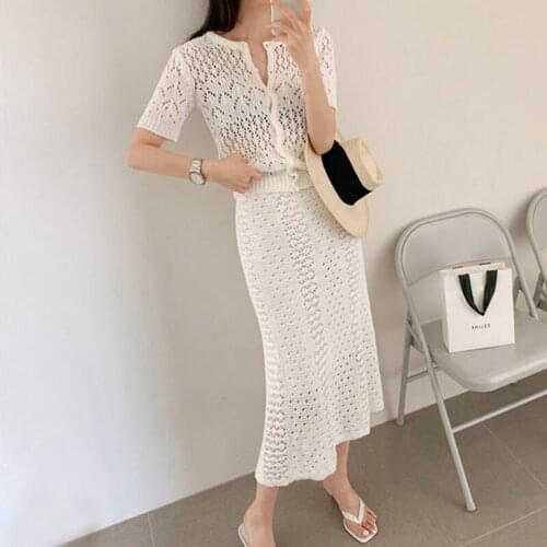 Women Summer 2 Piece Sets Womens O-Neck Cardigan Short Sleeve Hollow Out Tops + Korean Elegnat Knitted Long Skirts Sweater Suit