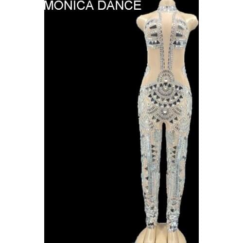 Women Sexy Stage Sparkly Silver Mirror Rhinestone Mesh Transparent Jumpsuit Birthday Celebrate Backless Costume Evening Leggings