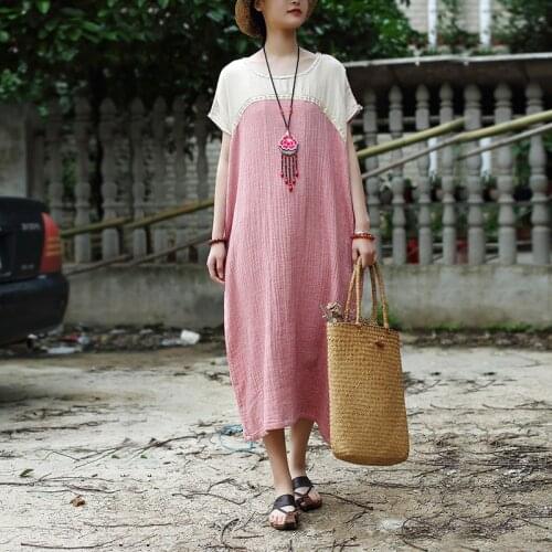 Women Loose Vintage Patchwork Dress Cotton Yarn Spliced Dresses Female 2021 Summer Loose Dress