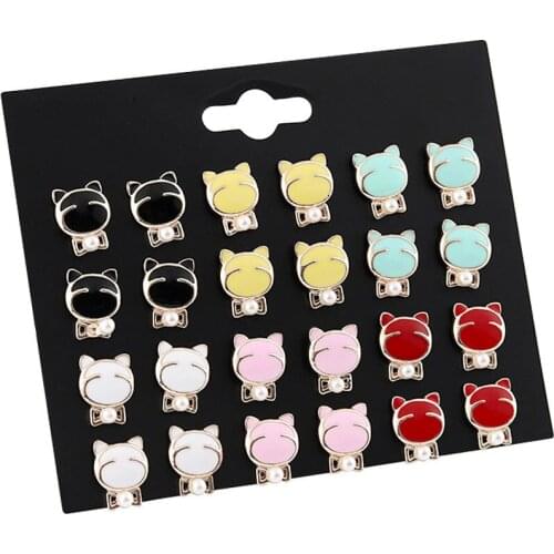 12Pairs/Pack Kawayi Enamel Animal Cat Stud Earrings Set For Women Fashion Simulated-pearl Ear Studs Brincos Jewelry