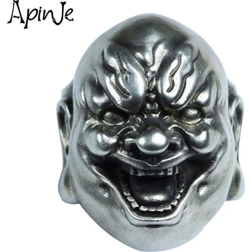 Apinje 925 Sterling Silver Ring for Men Maitreya Buddha Demon Ring Evil Ring Fashion Mens Hip Hop Ring Jewelry Personality Punk