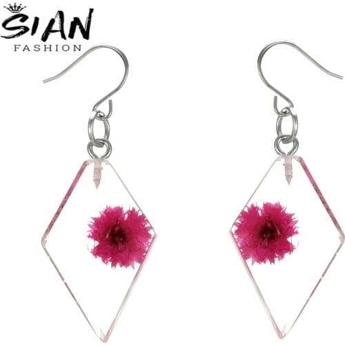 SIAN Eternal Flower Earrings Rhombus Transparent Glass Style Design With Eternal Flowers Ladies Elegant Pendant Retro Trinkets
