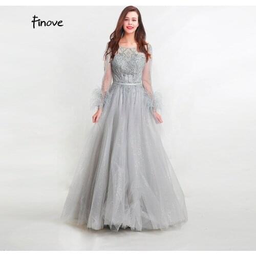 Finove New Evening Dresses Elegant Shining Floor Length Beading and Feathers Formal Gowns Party Dresses For Woman