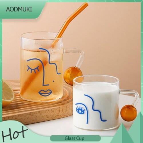 400Ml Home Creative Personality Face Pattern Drinking Glass Borosilicate Glass Fruit Tea Cup with Lid Milk Mug Water Cup Handle