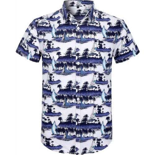 Holiday Summer Beach Mens Shirts MS0006 Short Sleeve 100% Cotton Boats Print Casual Shirts Plus Size Blouse Men