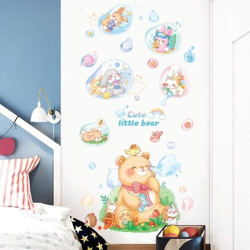 Cute Cartoon Animal Wall Sticker Bear Rabbit Childrens Room Background Wall Decoration Kawaii Home Decor Anime Door Sticker