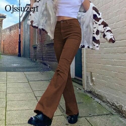 New 2021 vintage stretch jeans for women hot sale flare pants jeans ladies brown black casual pants woman jeans autumn spring