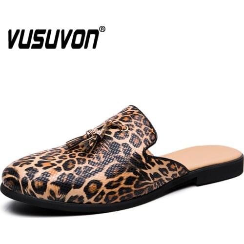 New Men Loafers Leather Slippers Shoes Summer Spring Fashion Leopard Half Shoes Mens Mules Casual Shoes Plus Size 38-46