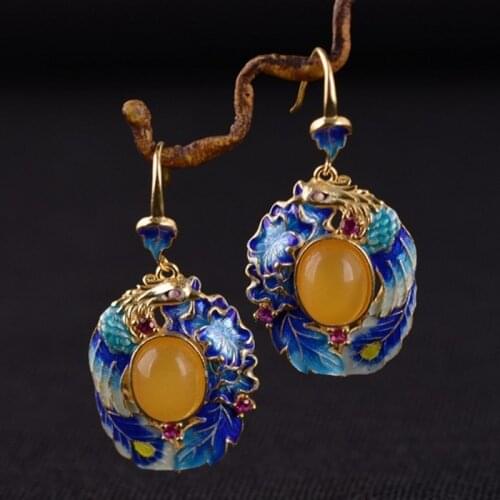 New real S925 pure silver gold-plated craftsmanship female models silver burnt blue peacock beeswax pendant earrings ring set