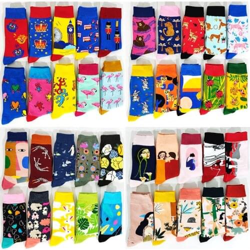 5 Pairs Women Cartoon Happy funny Socks Avocado Hamburg Art Female Cute Hipster Fashion Chic Movement Skateboard Cotton Socks