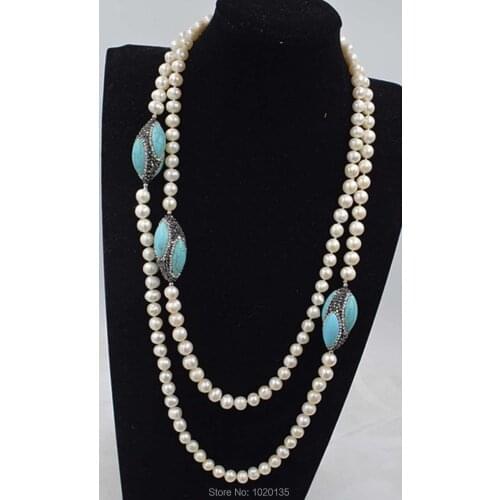 Freshwater pearl white near round 8-9mm and green zircon turquoise egg necklace 50inch FPPJ wholesale beads