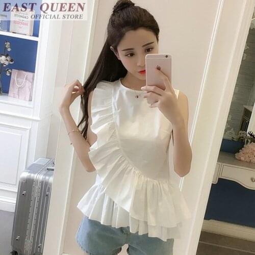 Sleeveless blouses shirts for women striped short tops shirt o-neck ruffles feminine shirts fashion slim elegant blouse DD824 L
