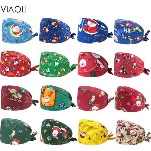 Cartoon Christmas Print Health Check Scrubs Cap Reusable Pet grooming Work Hats Beauty Salon Work Accessories scrub hats Unisex