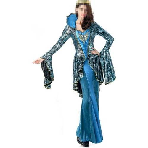 Medieval Queen Deluxe Halloween Costume Renaissance Blue Golden Embroidery Dress Queen Halloween Cosplay Fancy Dress
