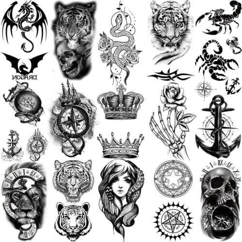 3D Crown Anchor Compass Temporary Tattoos For Women Men Tiger Lion Skull Scorpion Dragon Fake Tattoo Hand Arm Neck Tatoo Sticker