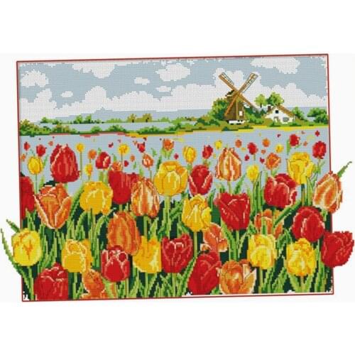11CT Cross Stitch Kits Image Embroidery Tulip Flower Garden 63 X 45 Cm