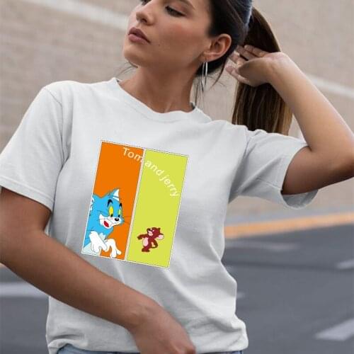 Hot Sales Summer Women T-shirts Cat and Mouse Cartoon Graphic Tee Harajuku Funny Ladies Clothes Tops Female White O-neck T Shirt