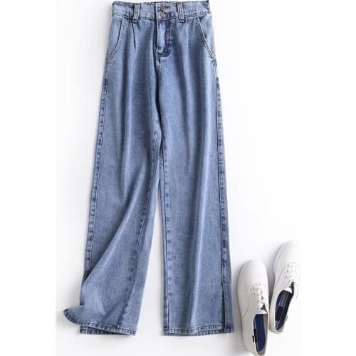 2021 New Fashion Woman Wide Leg Jeans Pants Side Split Trousers Elastic High Waist Pockets Buttons Female Pants 2021