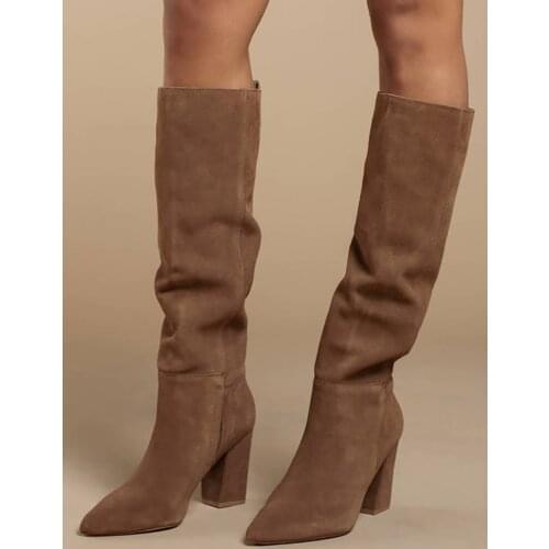 Knee High Suede Boots Chunky Square Heel Pointed Toe Winter Women Long Boots Slip On Runway Party Solid Shoes Slouth Style