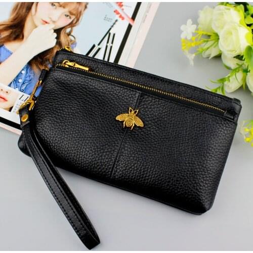 100% Genuine Leather Womens Wallet Fashion Zippers Bag Long Coin bee Purse Wristband Female Clutch Ladies Real Leather Wallets