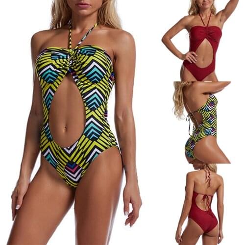 Ladies Sexy Hollow Halter Triple-Cornered One-Piece Swimsuit