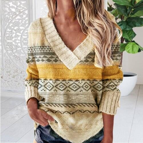 Women Knitted Sweater Vintage Striped Print Sweater Oversized Pullovers Autumn Winter Streetwear Casual Sweaters Outerwear