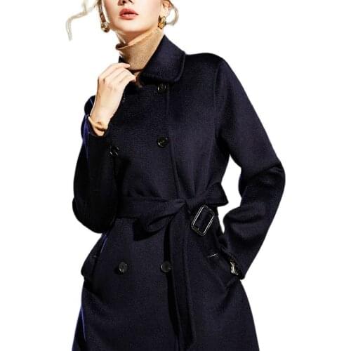 Winter Long Wool Coat Women Lapel Lace Water Ripple Cashmere Coat Female Fall 2021 Casual Fashion Navy Blue Coat Double Breasted