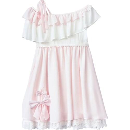 Ruffles Patchwork Bow Sweet Style Pink Dresses Women 2021 Summer Sleeveless Asymmetrical Collar Ladies Korean Kawai Dress