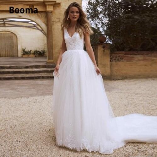 Booma Tulle Wedding Dresses for Sleeveless 2020 V-neck Backless Beach Lace Bridal Gowns Plus Size Princess Party Dresses Boho