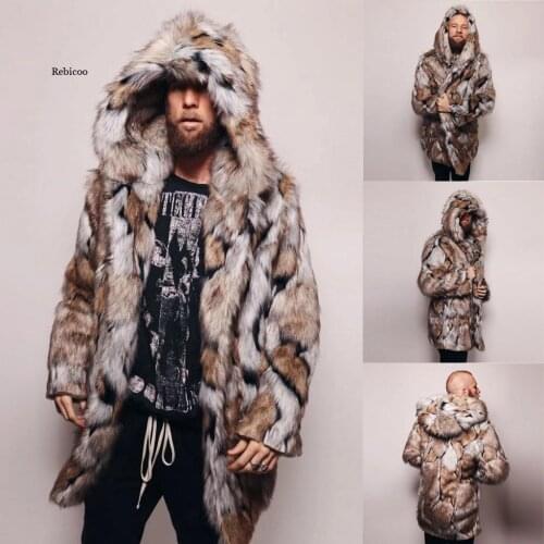 Winter Men Faux Fur Coat Fox Fur Jacket Fashion Mens Warm Leopard Thick Hooded Coat Jacket Faux Fur Outwear Overcoat