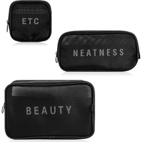 3Pcs/set Cosmetic Storage Bag Mesh Breathable Digital Storage Bag Make-Up Wash Bag Travel Portable Black Bag