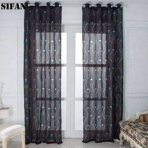 Black Gray Embroidered Modern Tulle curtains for living room Kitchen Birds feather pattern Voile Curtains for Window Drapes