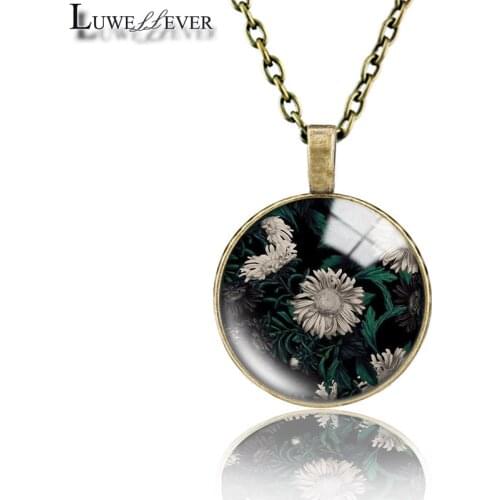 Black Flower Necklace 724 25mm Bronze 30mm Wood Rhinestone Double-sided Moon Round Glass Pendant For Women Gift