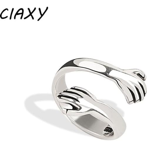 CIAXY 925 Sterling Silver Retro Love Hug Rings for Lovers Open Ring Thai Silver Jewelry Couple Gift